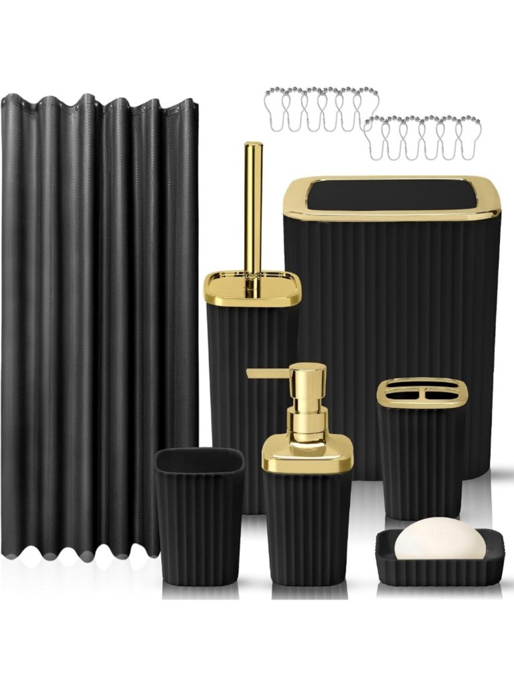Stylish Bathroom Accessory Set: Shower Curtain, Toilet Brush, Trash Can & Soap